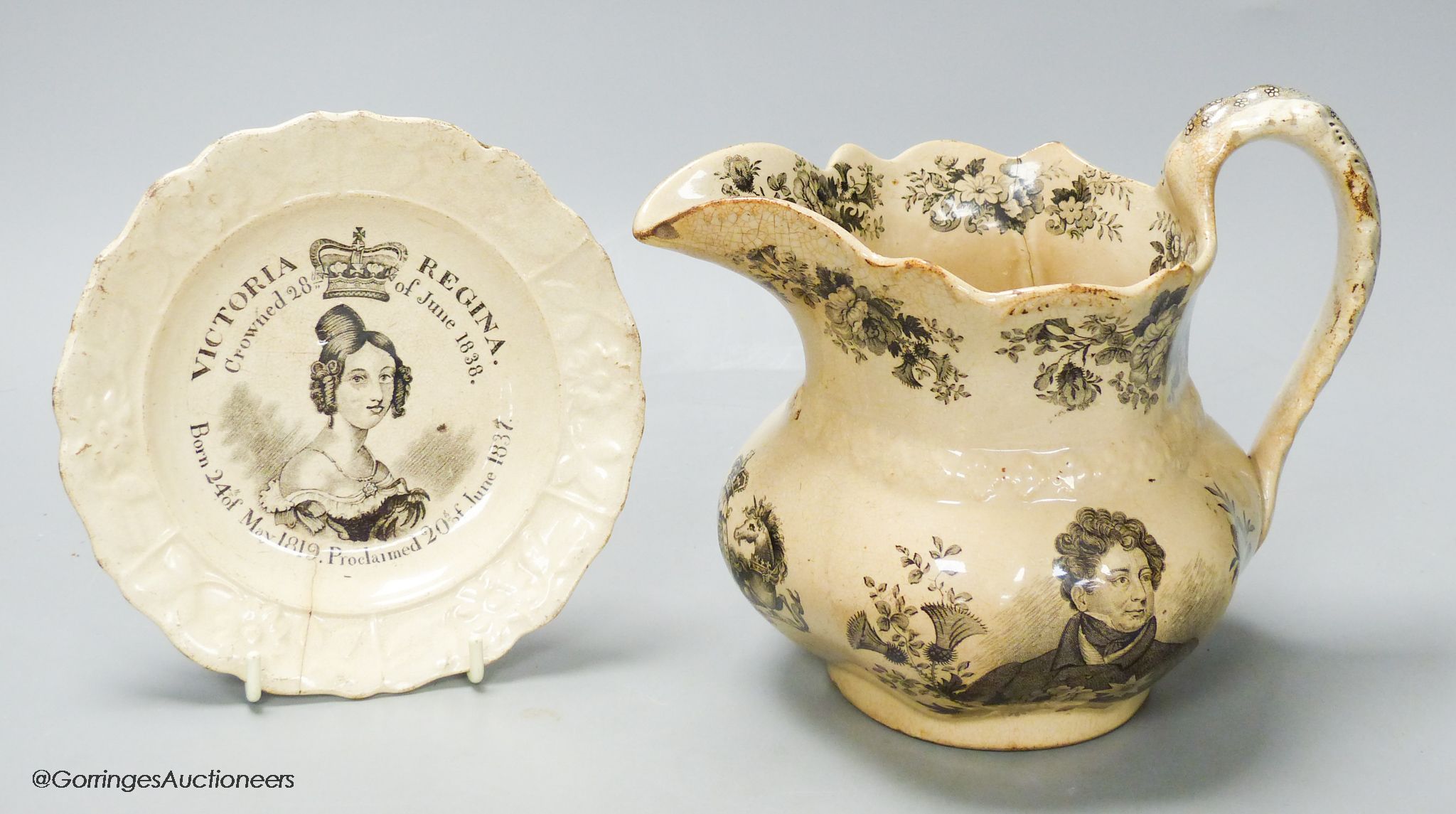 A George IV commemorative jug, height 17cm, and a Queen Victoria coronation plate